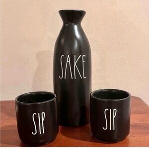 NWOT- Rae Dunn 3pc Sake Set-Black Pitcher- 2 Sip Cups Ceramic Drinkware